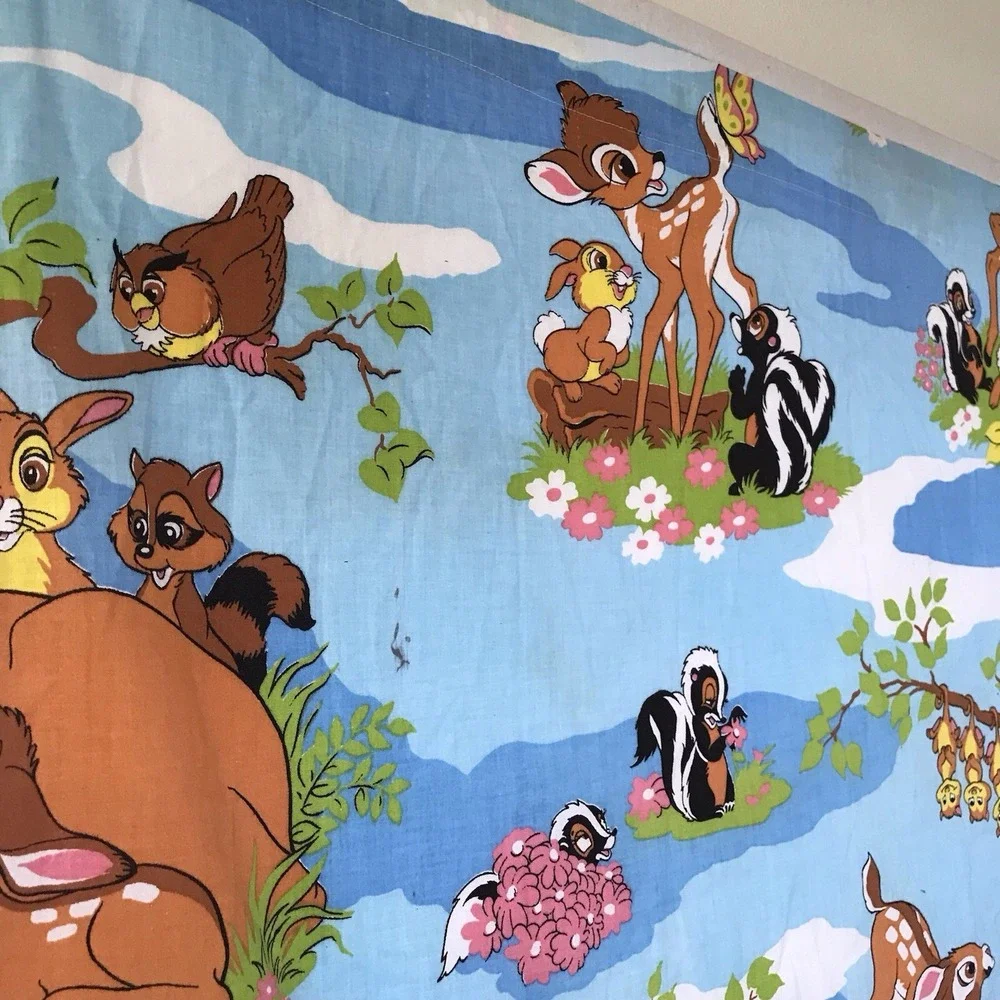 Vintage Disney Curtains Lot 2 Drapes Fabric Panels Bambi Rare Decor 60-70s 64x44